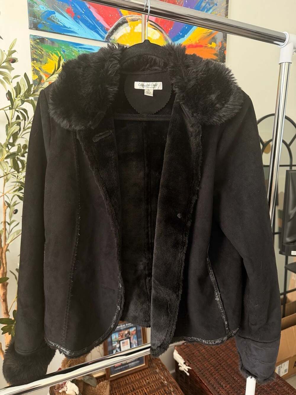 Women’s Black Faux Suede Fur Trim Winter Jacket Size Petite Large